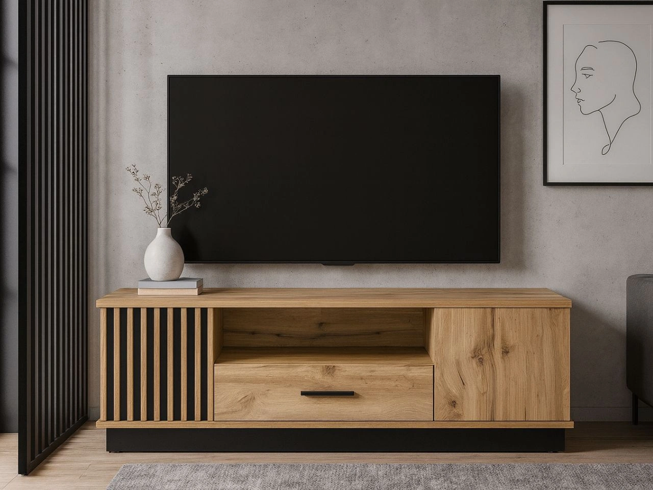 Fernsehschrank mit Schublade und Lamellen Lavore Wotan Eiche, Schwarz matt