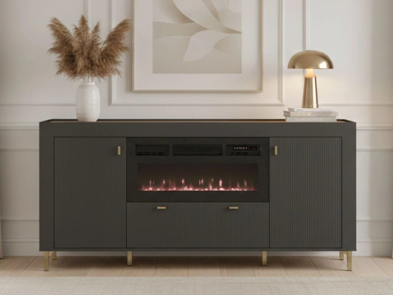 Kommode mit Türen, Schublade und Kamin Messina Schwarz