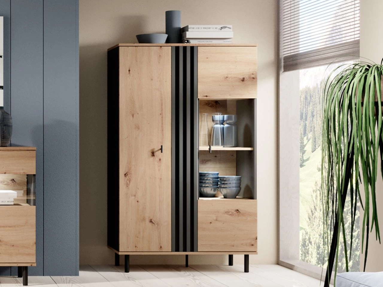 Vitrinenschrank Malone Artisan Eiche, Schwarz