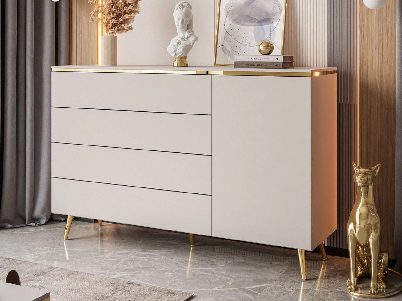 Kommode mit Türen und vier Schubladen auf goldenen Beinen Evare Kaschmir