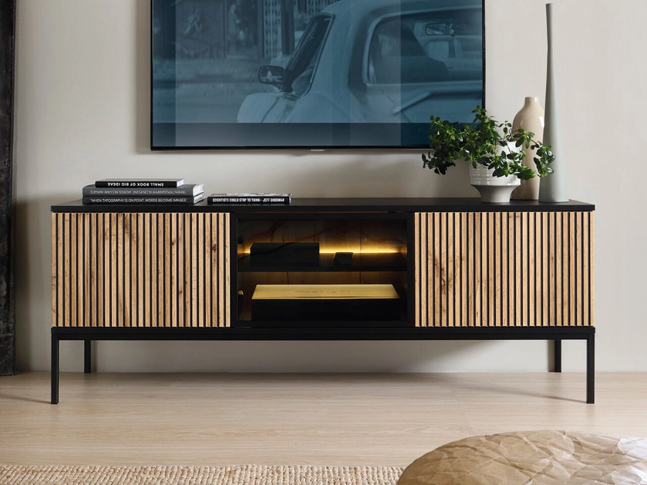 TV-Lowboard mit Türen und Led Deo Schwarz, Eiche Wotan