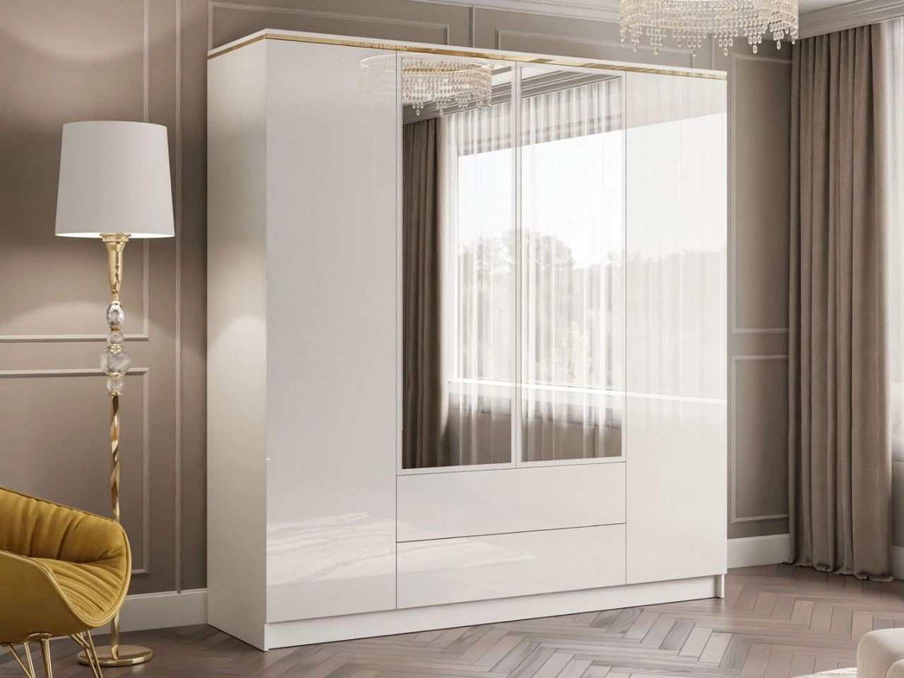 Kleiderschrank mit Drehtüren, Schubladden und Spiegiel Evare Weiß Hochglanz