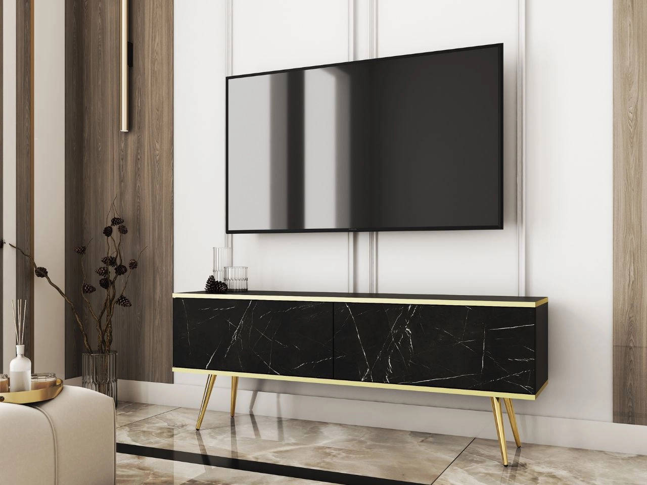 TV-Lowboard mit Türen 135 cm Diolo Schwarzer Marmor mit glatter Front auf goldenen Beinen