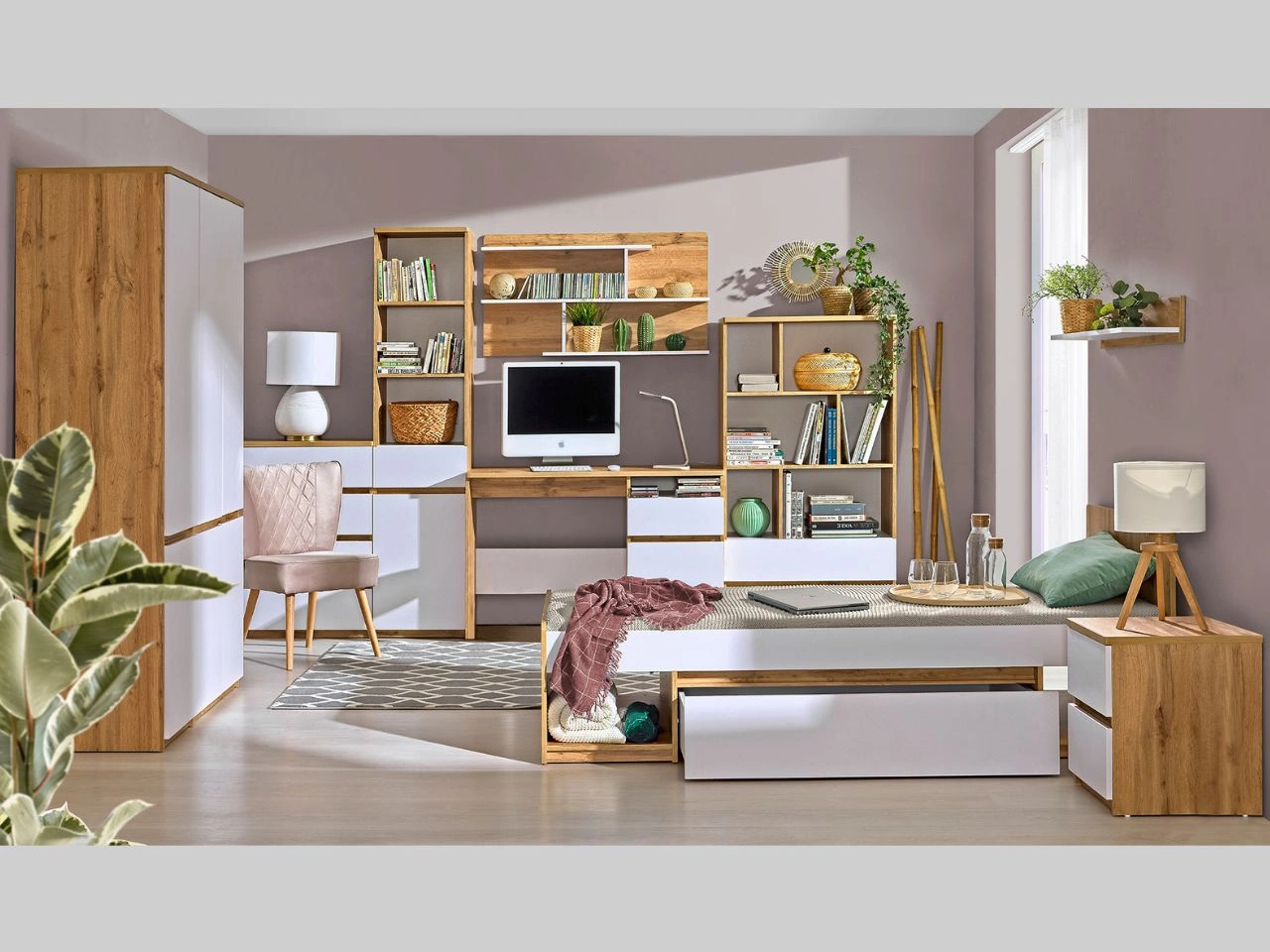 Möbel-Set für Jugendzimmer Arcadia Eiche Wotan, Weiß