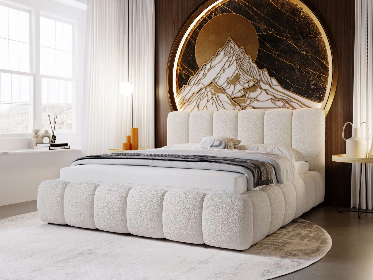 Polsterbett mit Bettkasten und Lattenrost 180x200 Cloud Bouclé-Stoff Beige