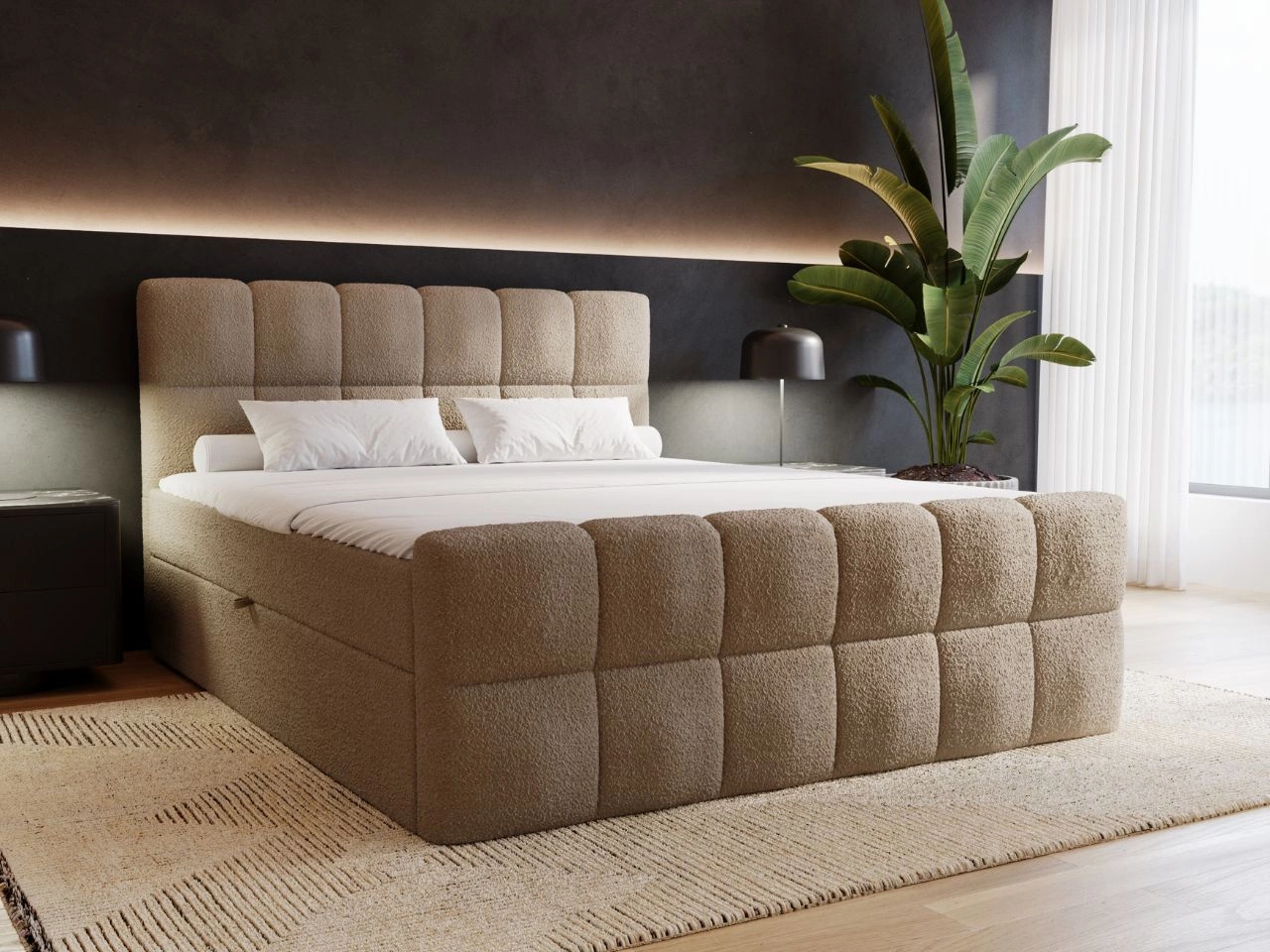 Boxspringbett mit Bettkasten 180x200 Bouclé-Stoff Alicante Braun