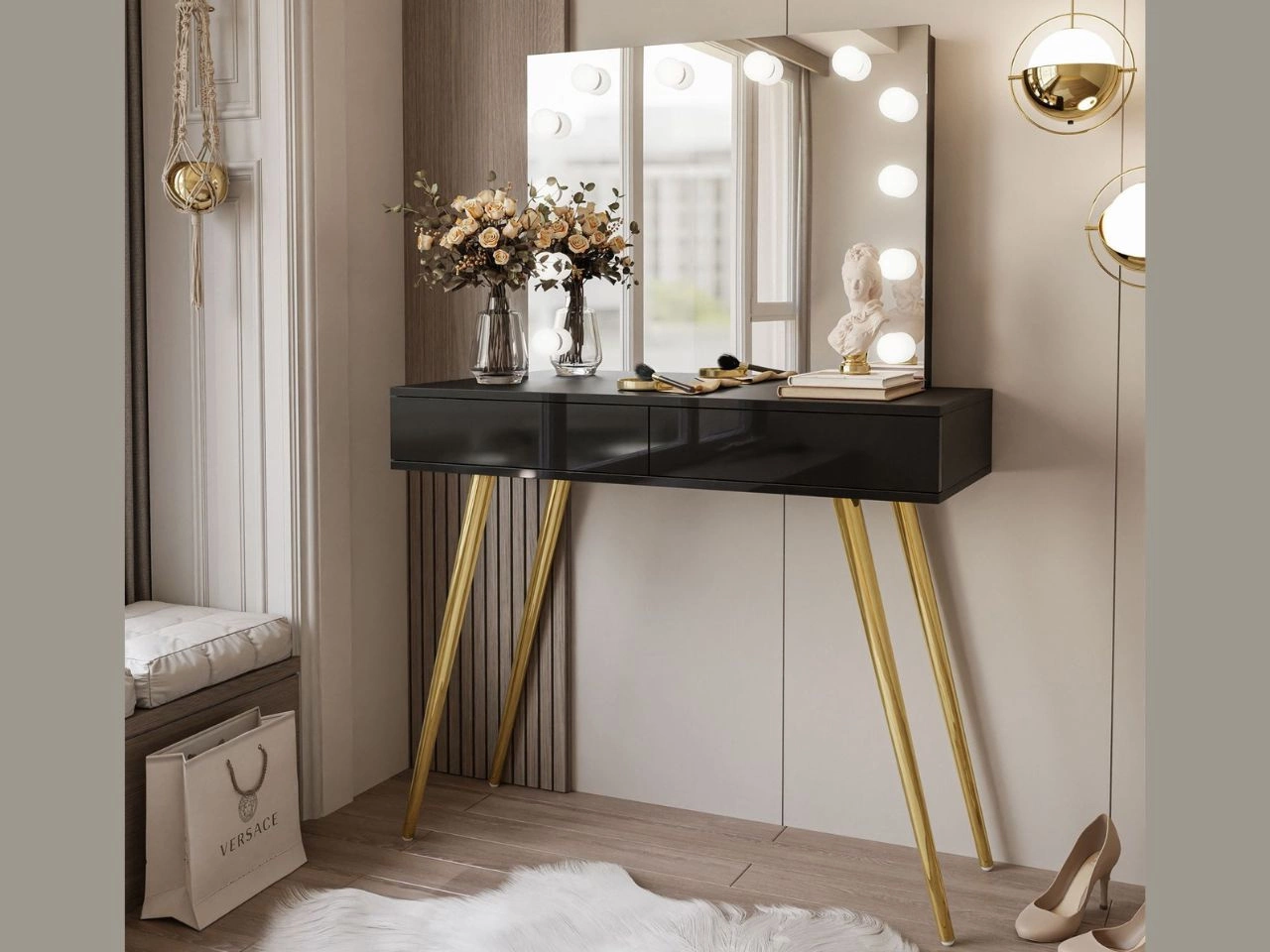 Schminktisch im Glamour-Stil mit Schubladen, Spiegel und LED-Beleuchtung Olivine Elite Schwarz Hochglanz