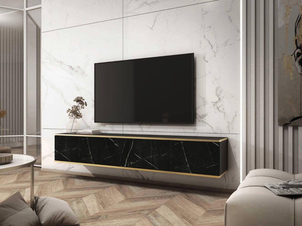 TV-Lowboard Hänge mit Türen 175 cm Diolo Schwarzer Marmor mit glatter Front
