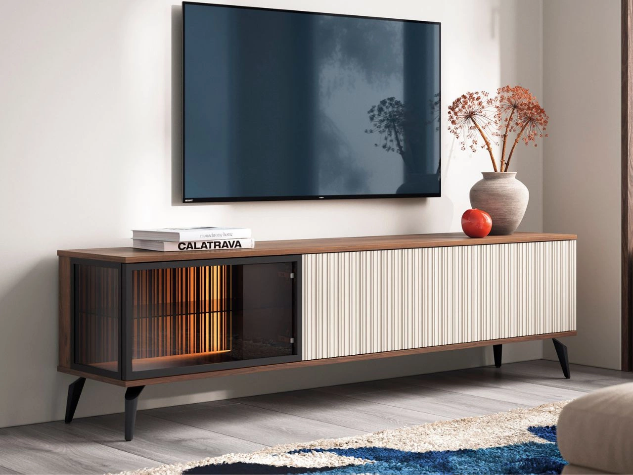 TV-Lowboard mit Türen und LED Vinni Dunkler Walnuss Cashmere