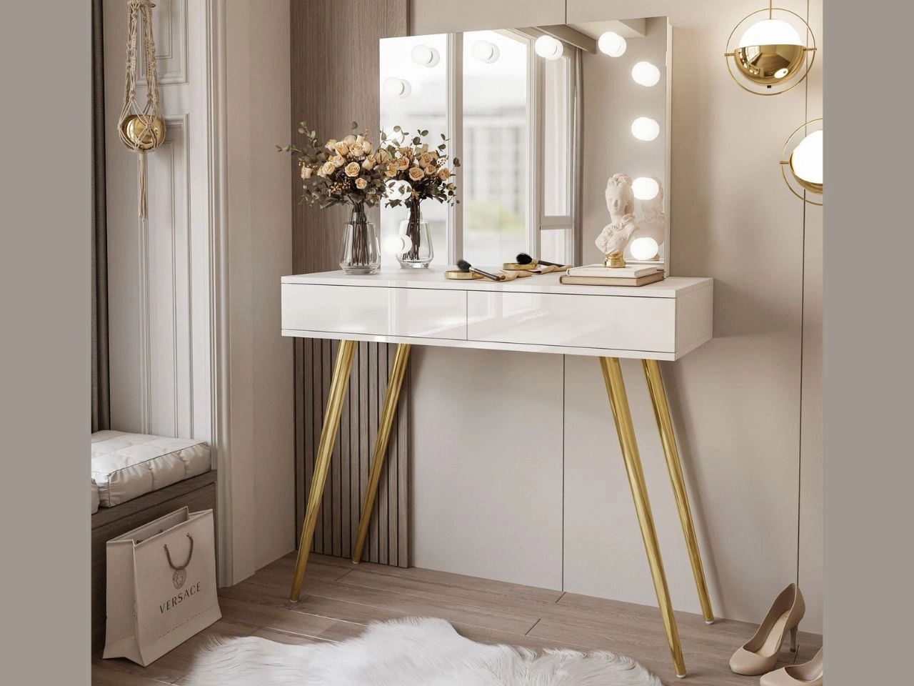 Schminktisch im Glamour-Stil mit Schubladen, Spiegel und LED-Beleuchtung Olivine Elite Weiß Hochglanz
