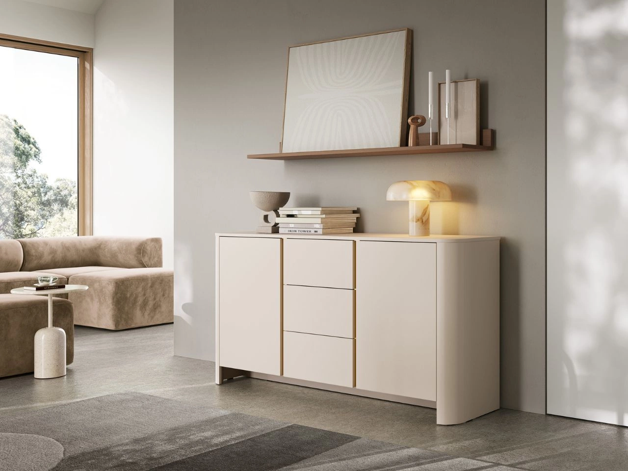 Zweitürige Kommode mit goldener Zierleiste Brillo Kaschmir