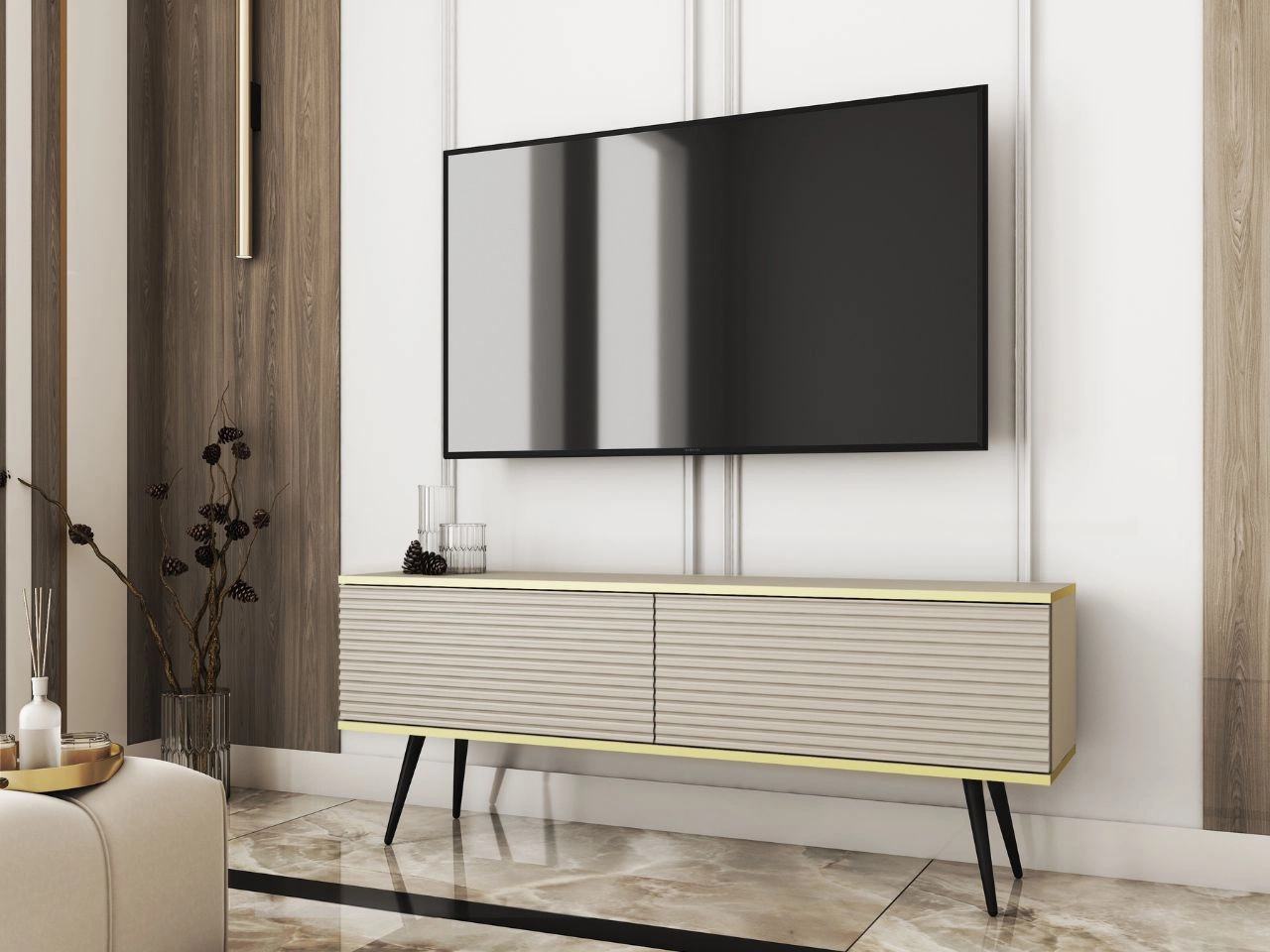 TV-Lowboard mit Türen 135 cm Diolo Beige mit geriffelter Vorderseit auf schwarzen Beinen