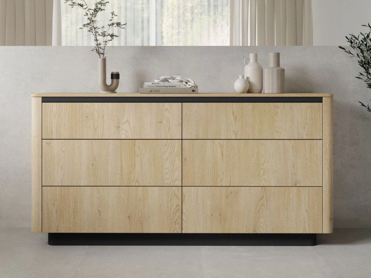 Kommode mit sechs Schubladen 160 cm Fascino Eiche Cremona, Schwarz