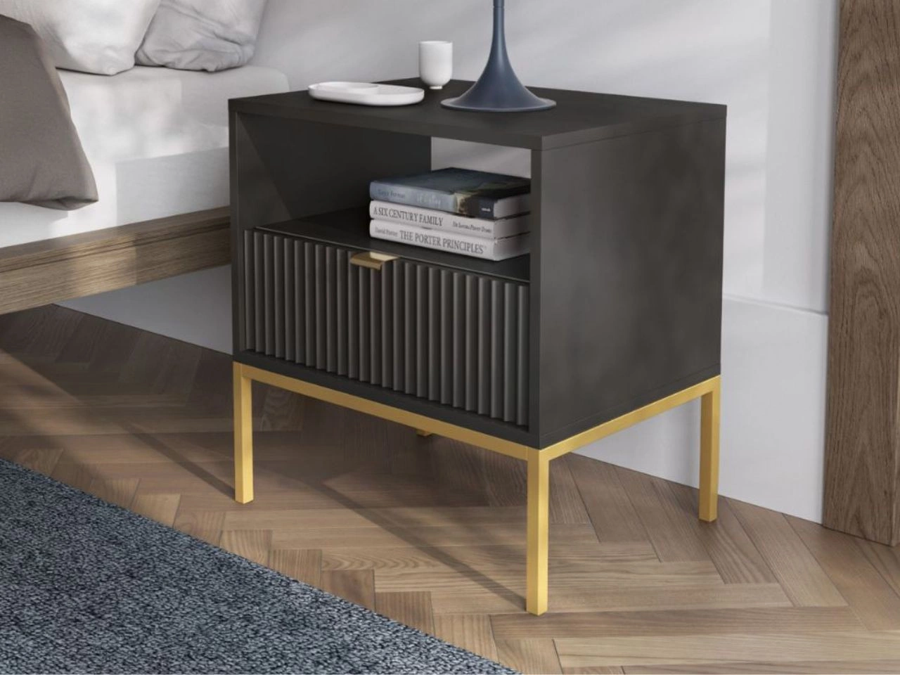 Nachtschrank mit Schublade Amber Schwarz, Gold Frame