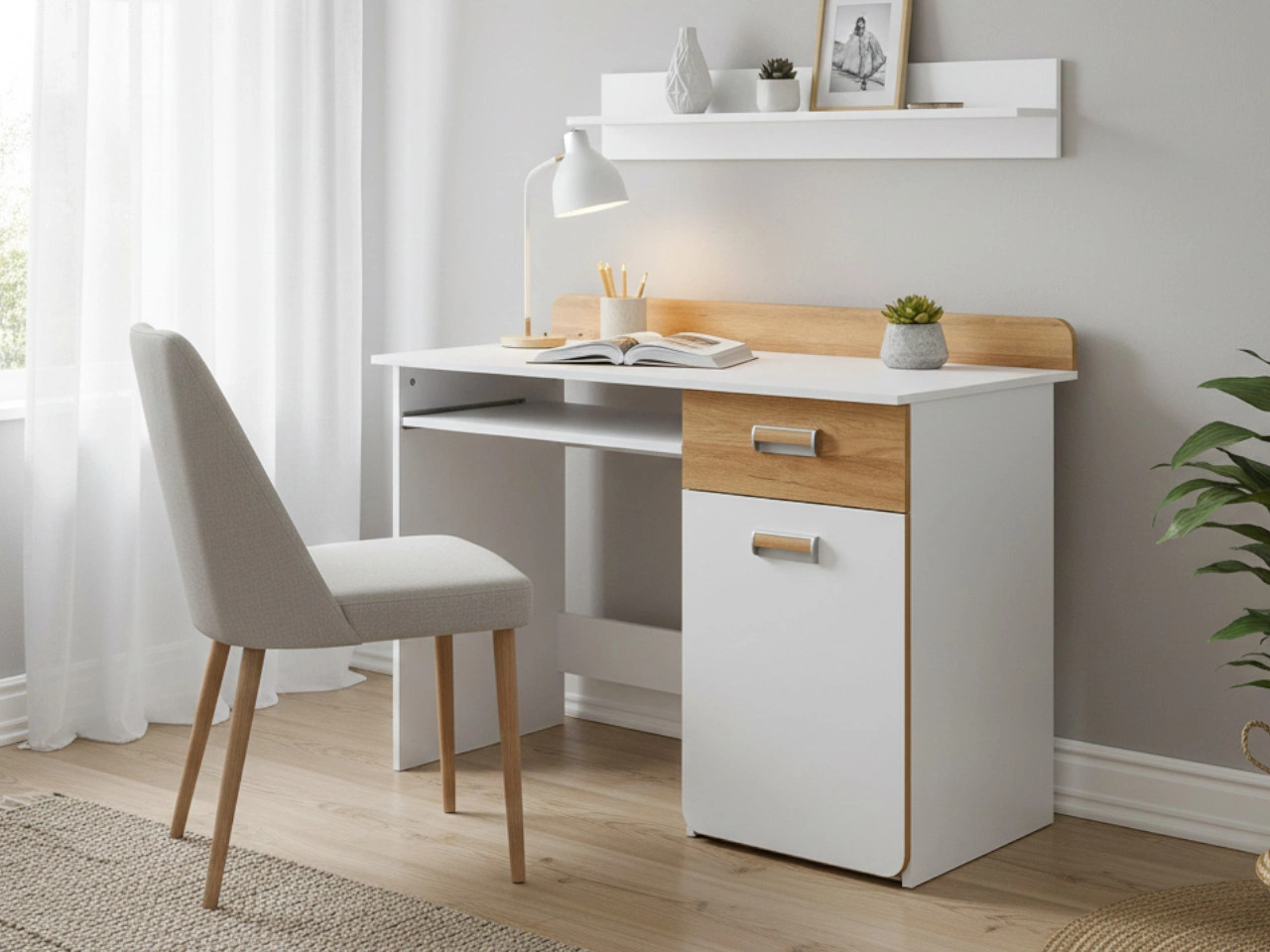 Schreibtisch 120 cm mit ausziehbarem Regal und Schublade, für einen Teenager Lindo Weiß, Nash Eiche