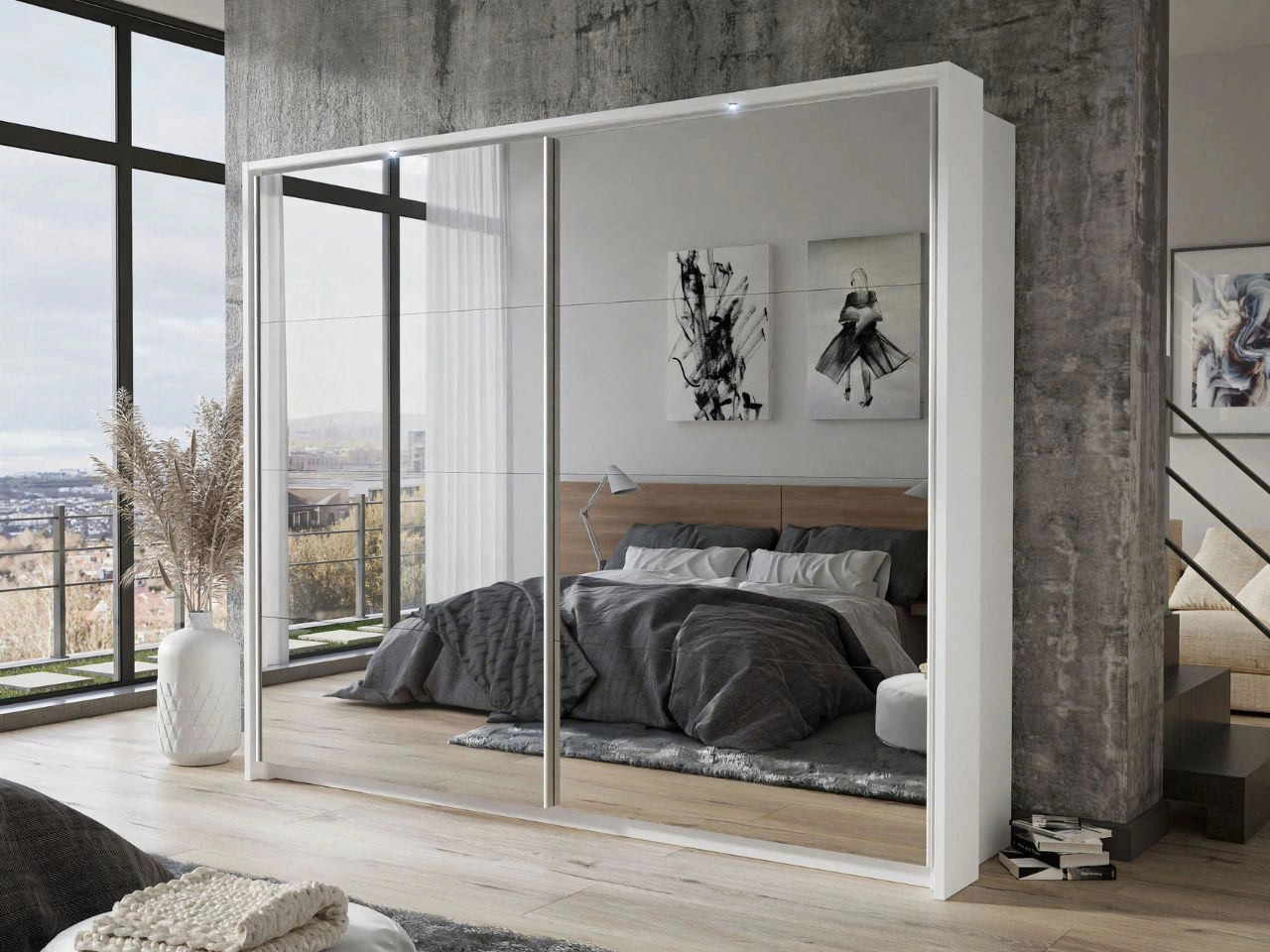 Schwebetürenschrank Zweitüriger mit Aufsatz und Spiegeln 254 cm Nuveo Weiß Hochglanz