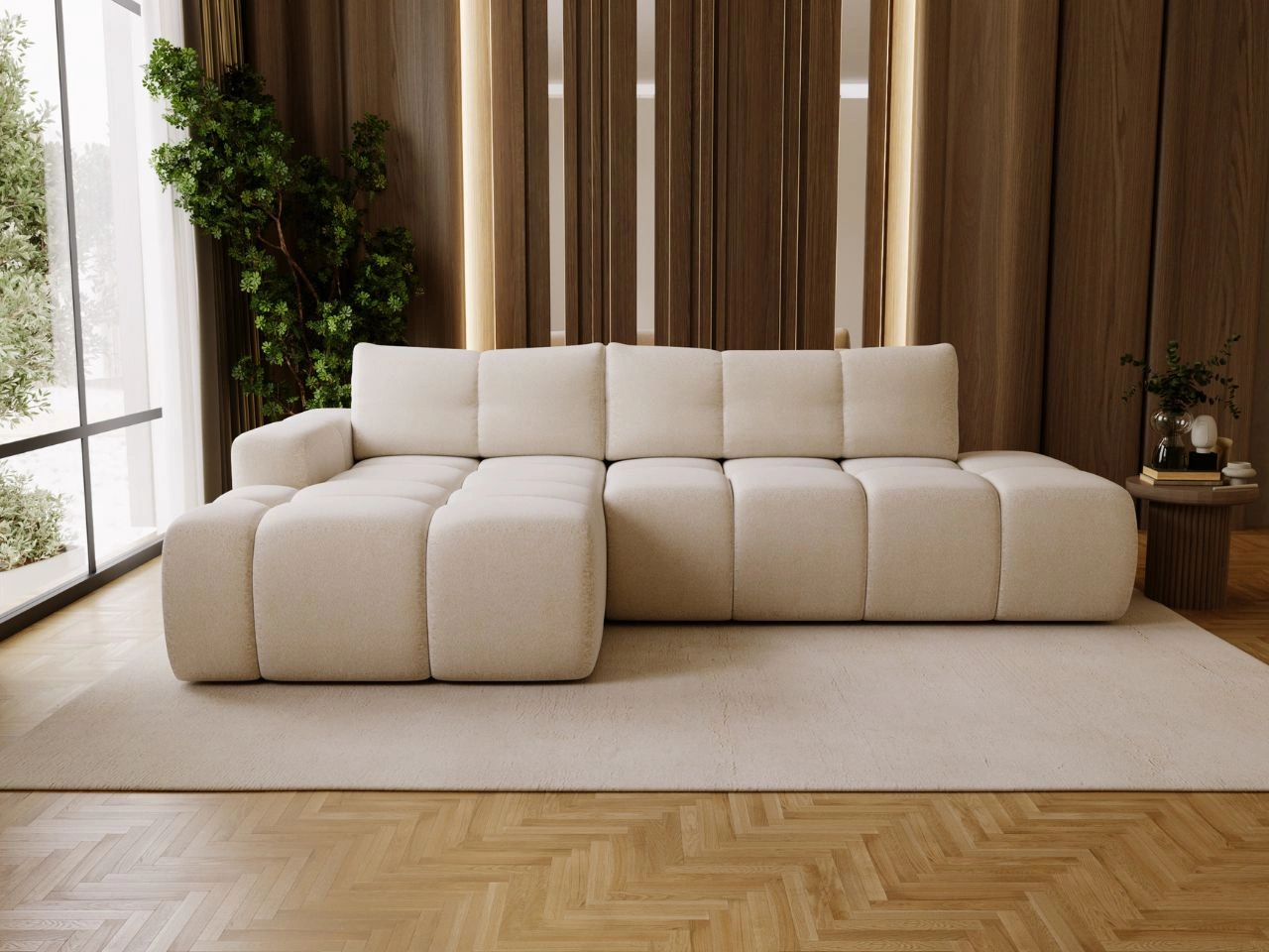 Ecksofa L-Form Rechts mit Schlaffunktion und Bettkasten Montero Creme