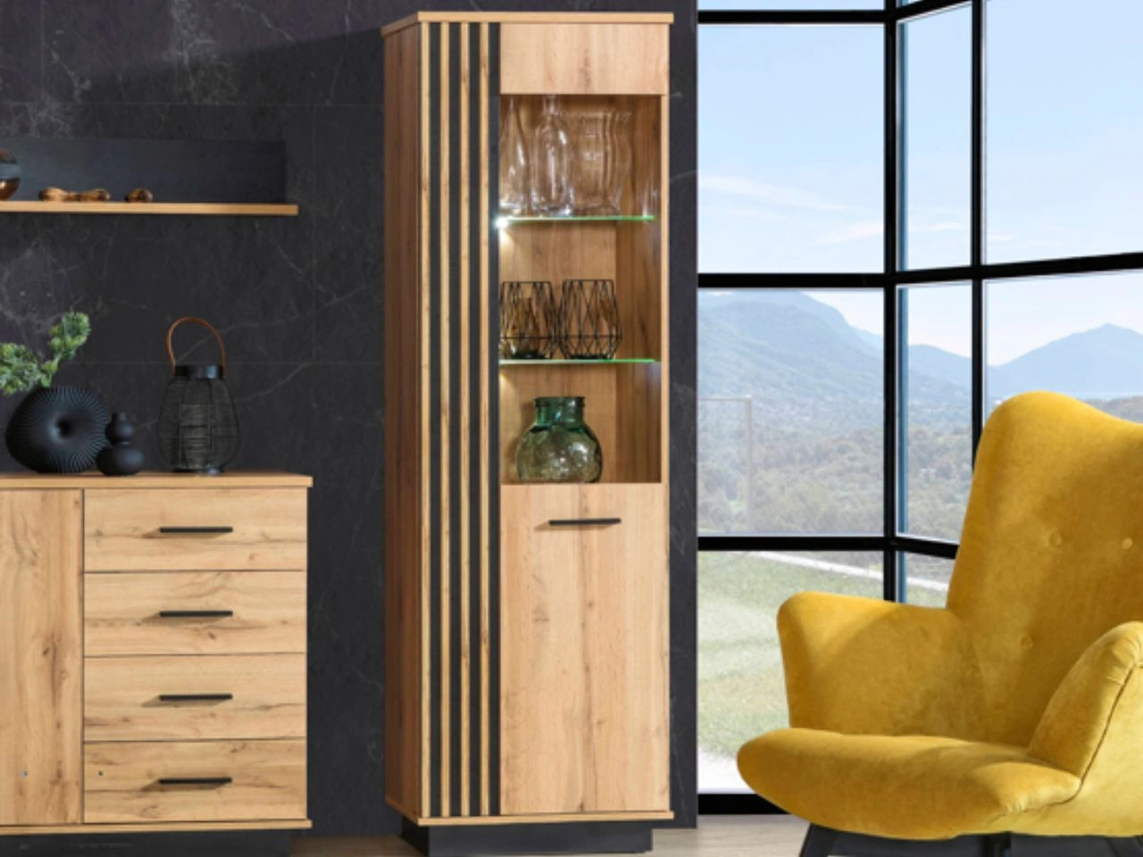 Standvitrine mit LED-Beleuchtung Lavero Wotan Eiche, Schwarz matt