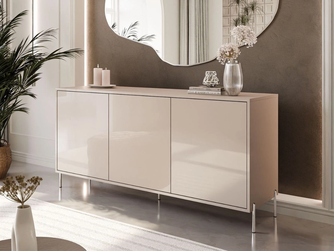 Dreitürige Kommode 154 cm auf silberfarbenen Metallbeinen Vivance Kaschmirglanz