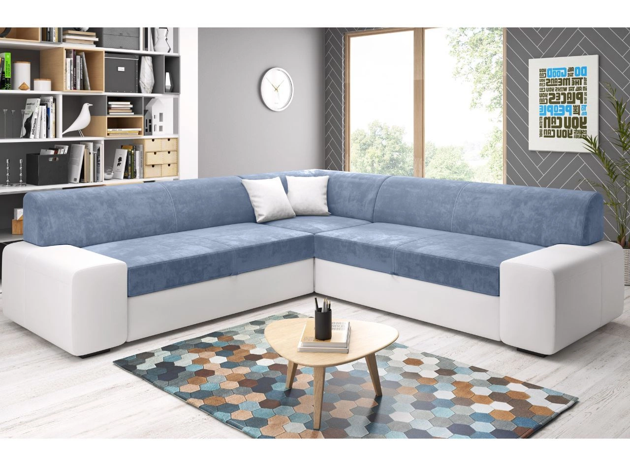 Ecksofa L-Form Links mit Schlaffunktion und Bettkasten Fresto Maxi Blau, Weiß