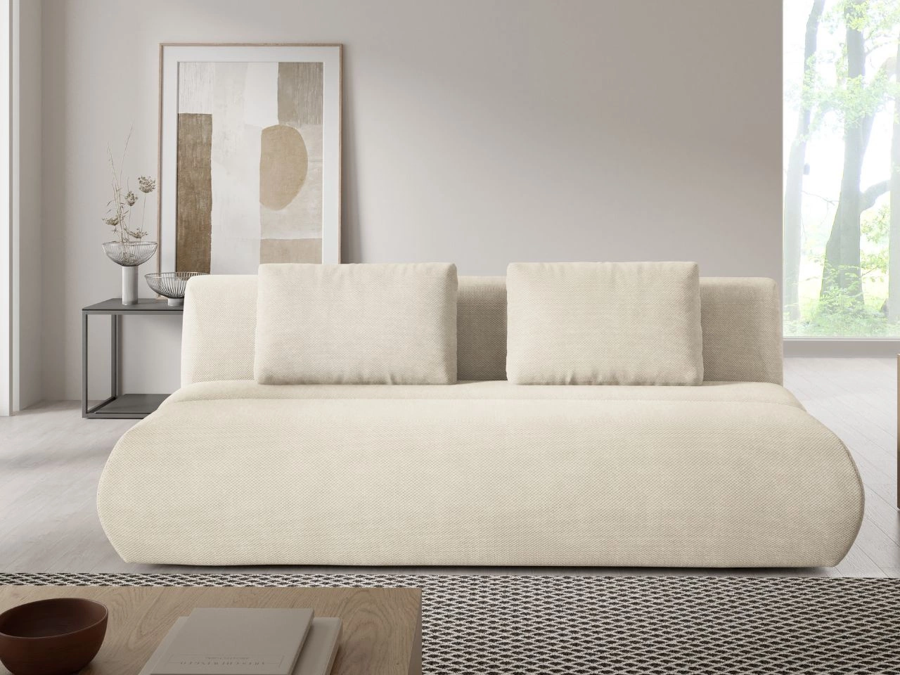 Schlafsofa mit verstellbarer Rückenlehne, Schlaffunktion und Bettkasten Figo Creme