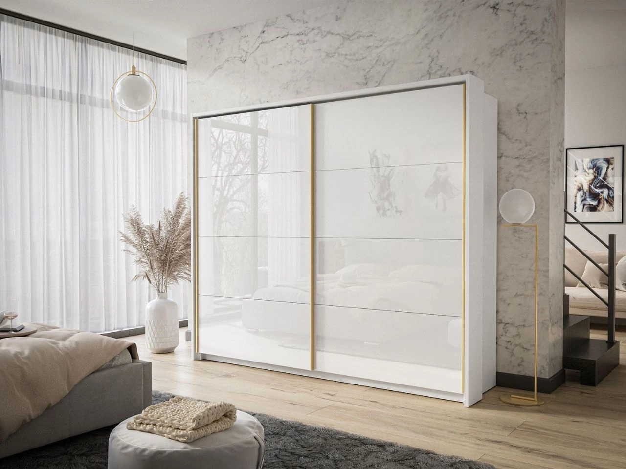 Schwebetürenschrank Zweitüriger mit Aufsatz 254 cm Noaé Weiß Hochglanz