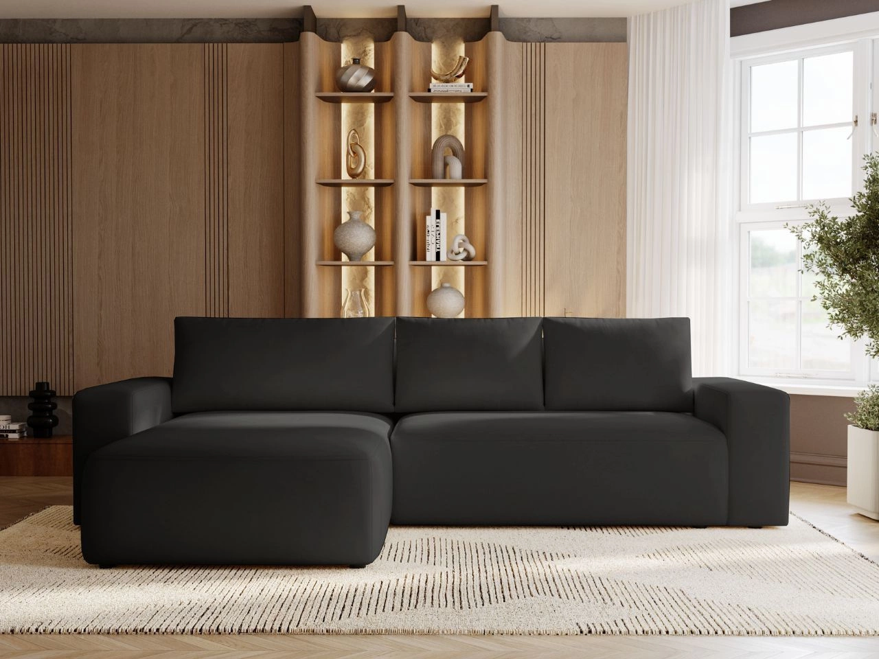 Ecksofa L-Form Links mit Schlaffunktion und Bettkasten Tazones Schwarz
