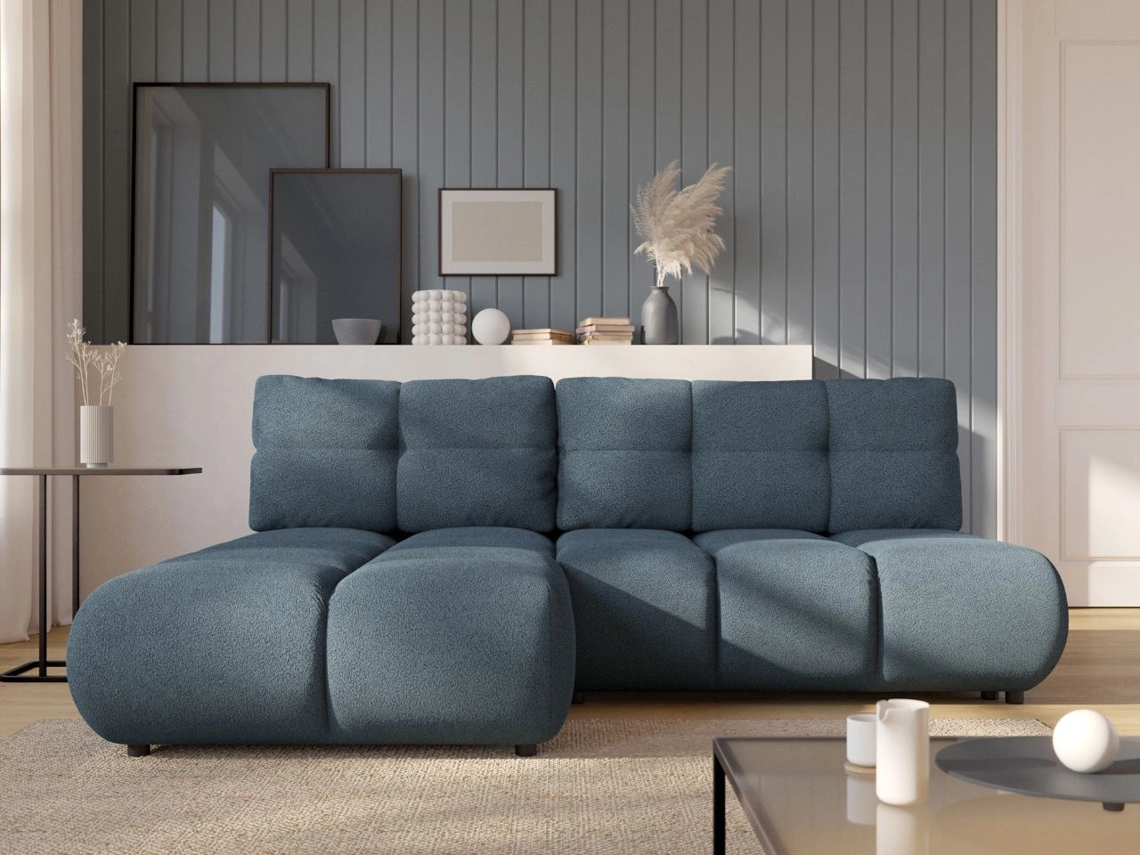 Ecksofa mit Schlaffunktion und Bettkasten Links Milet Dunkelblau