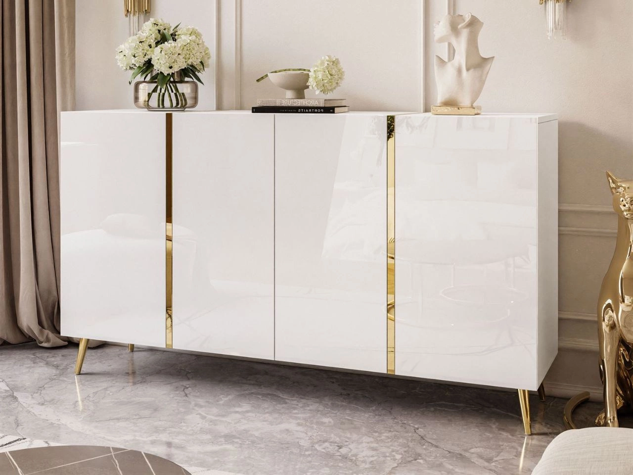 Viertürige Kommode 158 cm Glamour-Stil auf goldfarbenen Metallbeinen Lunelie Weißglanz