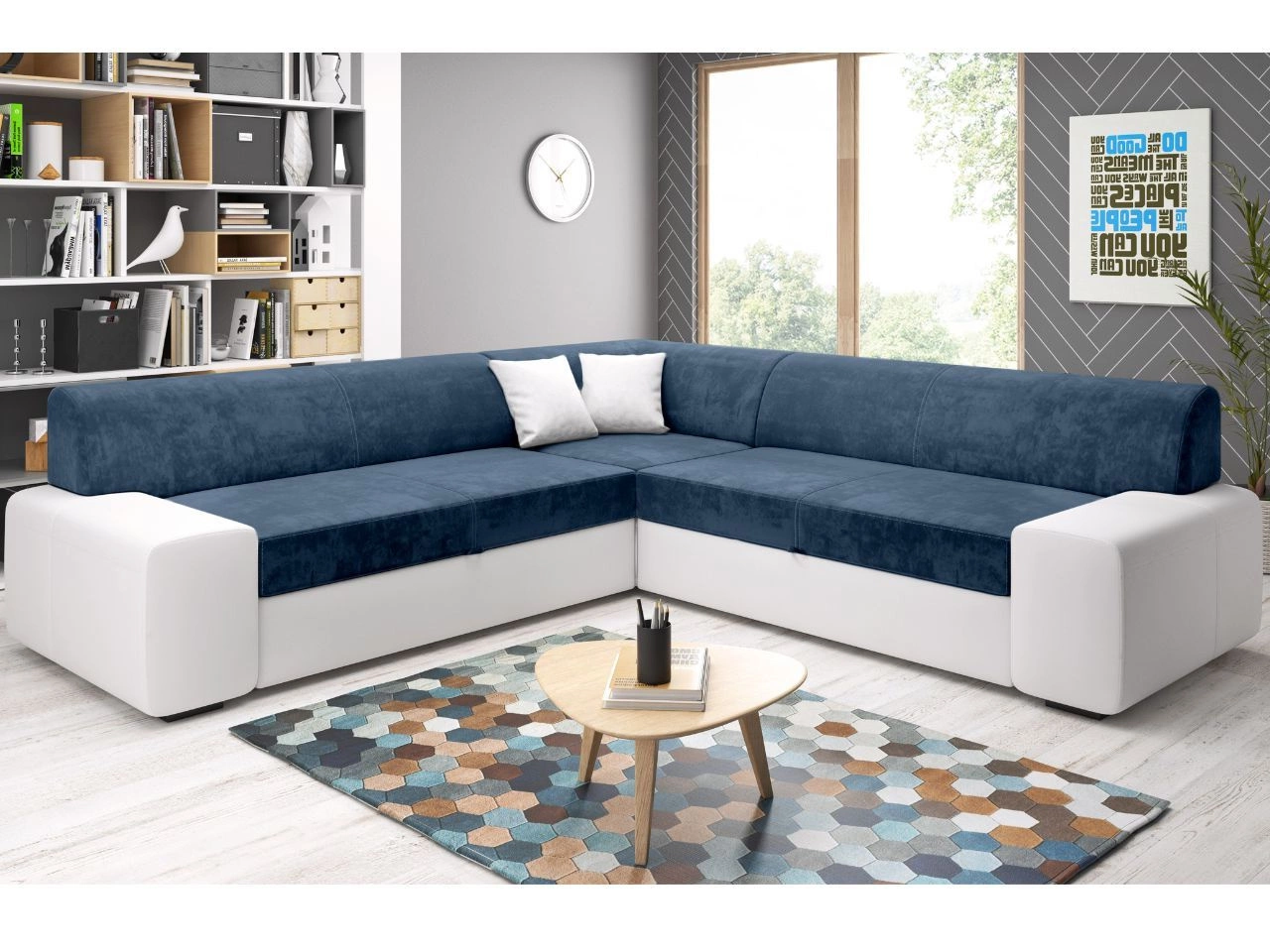 Ecksofa L-Form Links mit Schlaffunktion und Bettkasten Fresto Maxi Dunkelblau, Weiß
