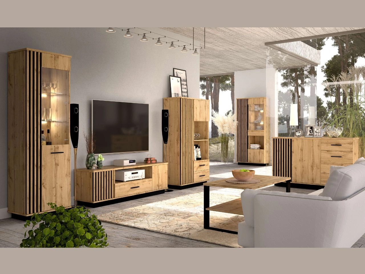 Set industrial Wohnzimmermöbel Lavore Wotan Eiche, Schwarz matt