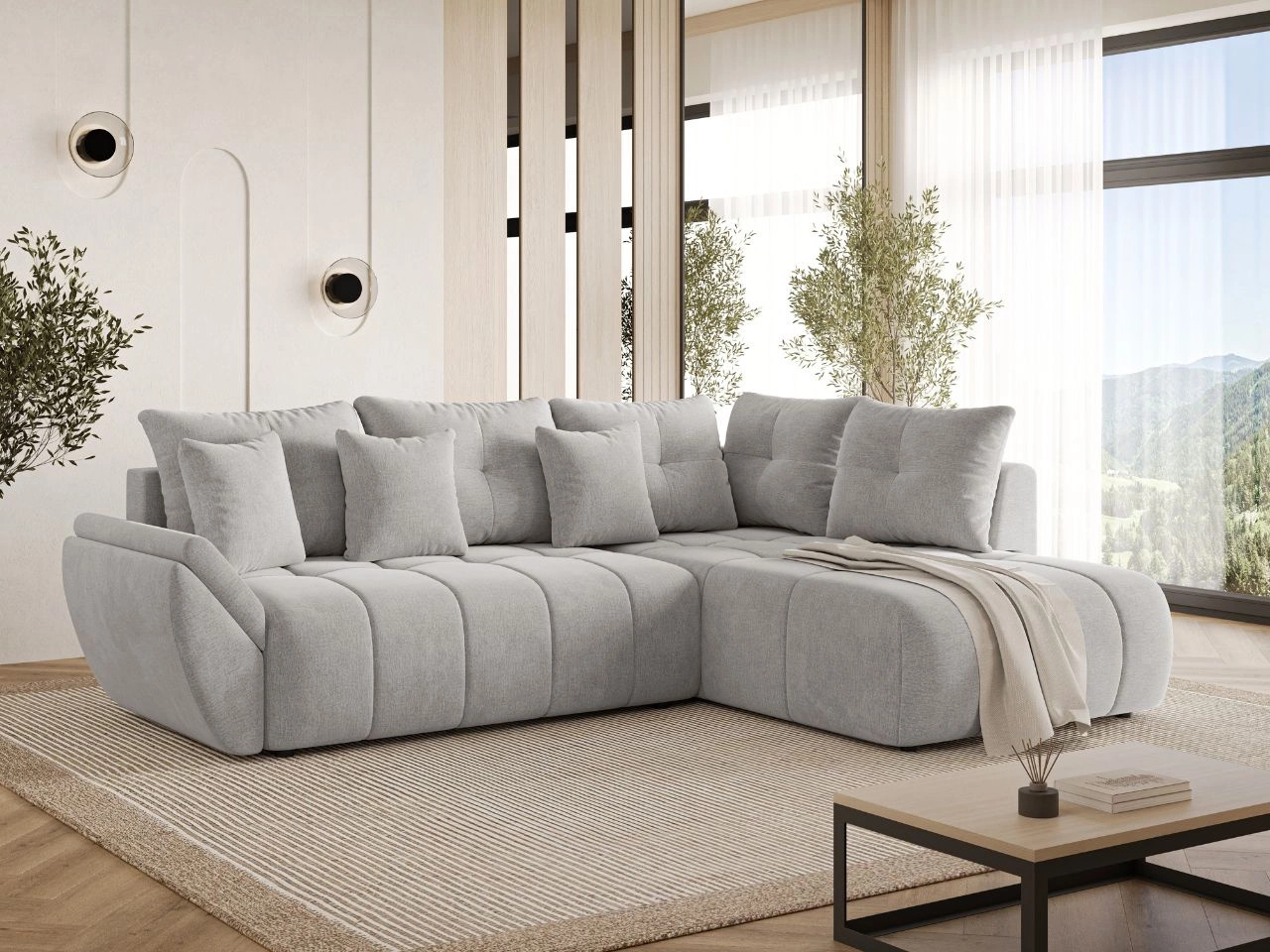 Ecksofa L-Form mit Schlaffunktion und Bettkasten Genoa Hellgrau
