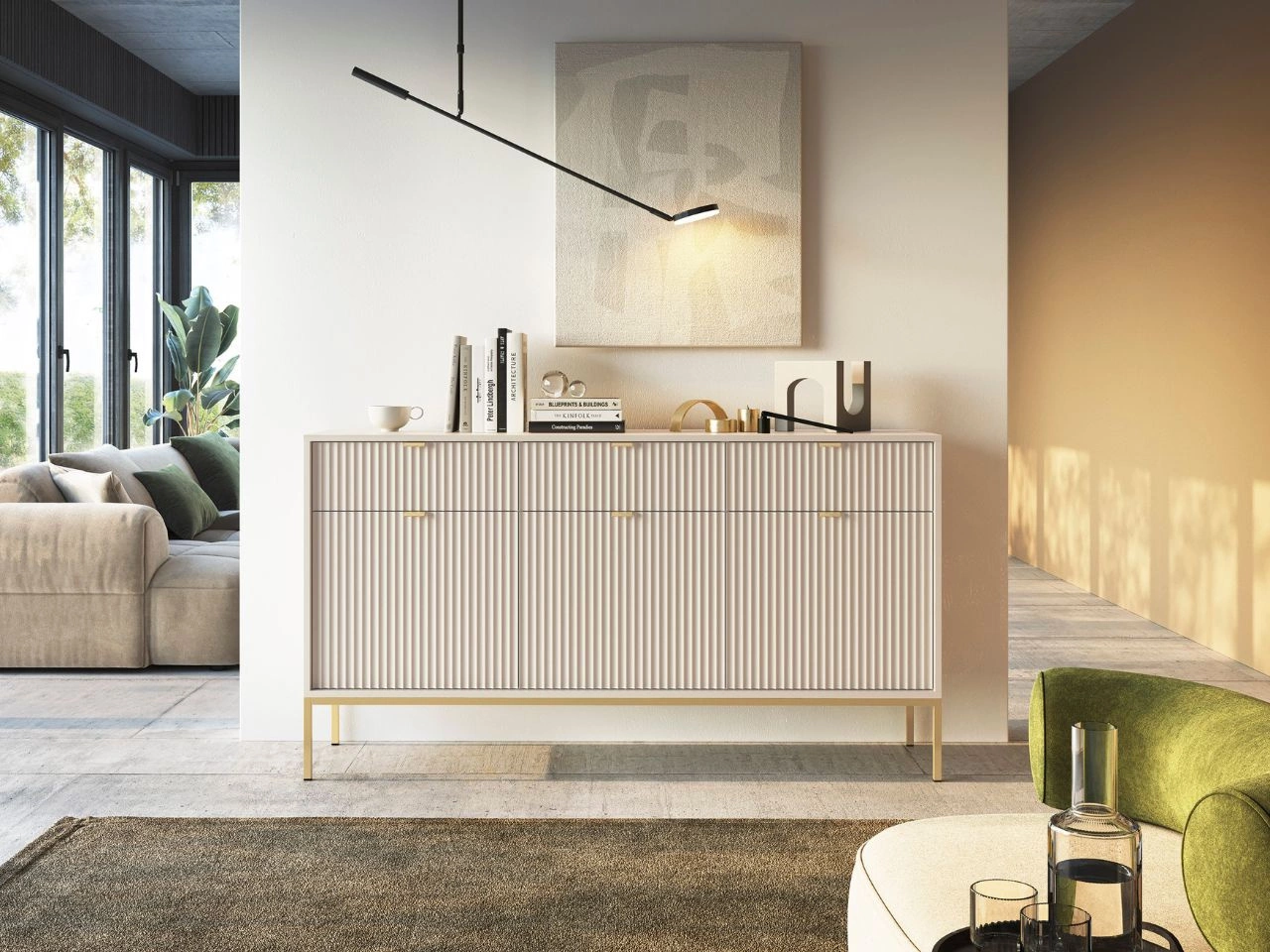 Kommode mit Türen und Schubladen Amber Kaschmir auf goldenen Beinen