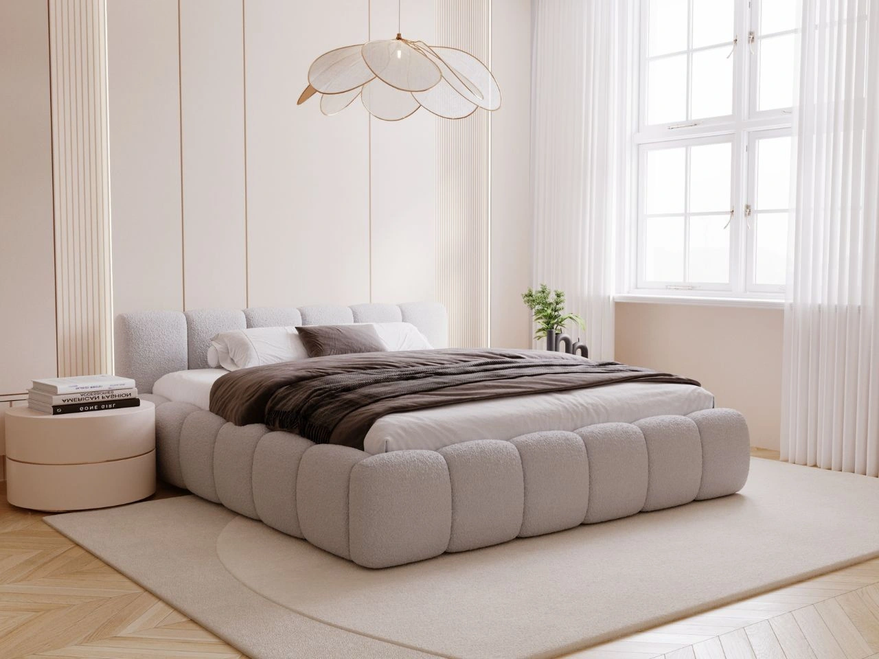 Polsterbett mit Bettkasten und Lattenrost 120x200 Cloud Low Bouclé-Stoff Grau